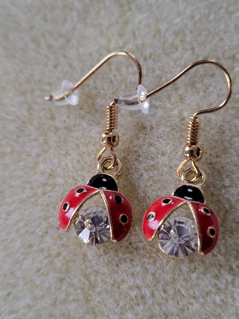 Gold-Tone Ladybug Drop Earrings with Red Enamel and Clear Crystal